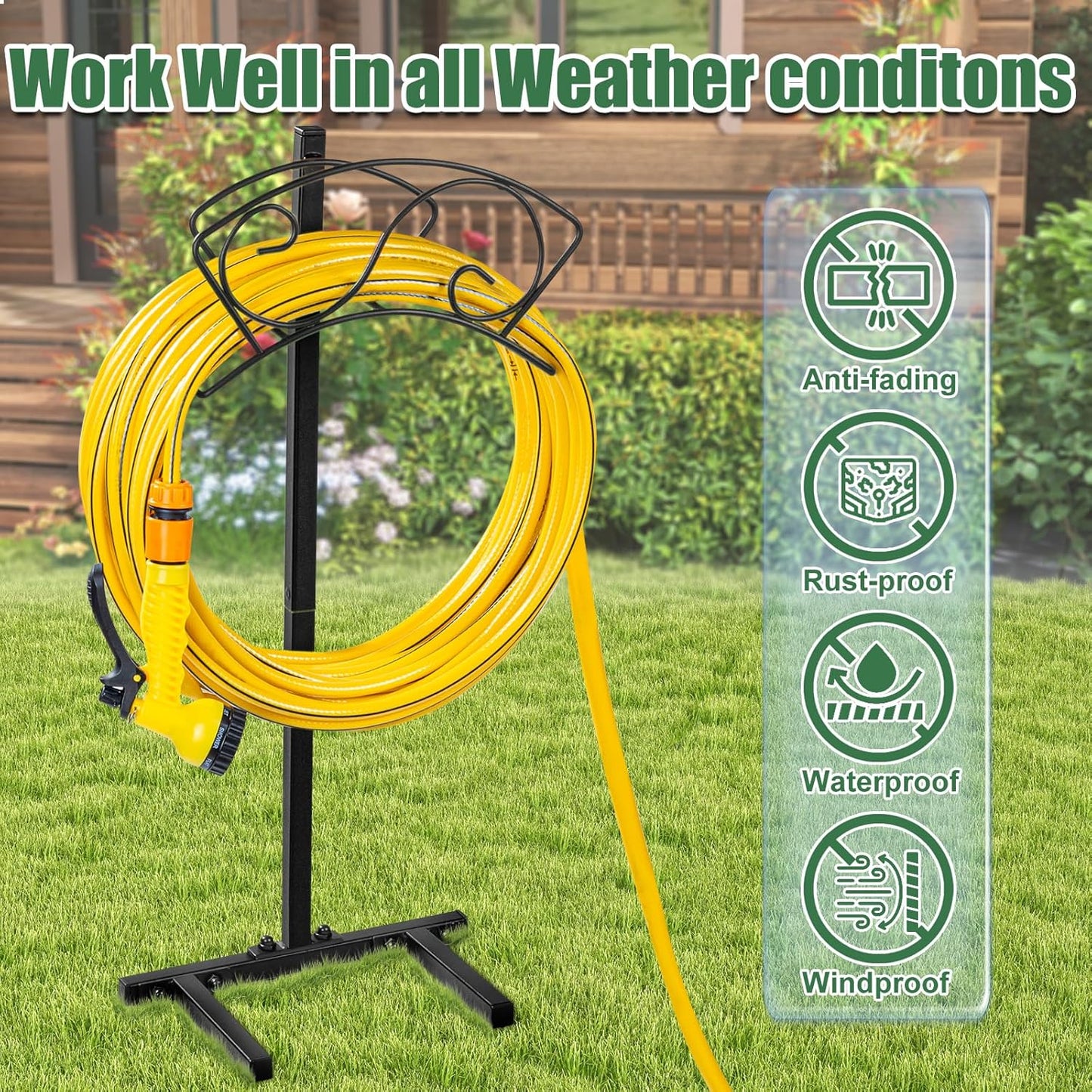 Garden Hose Holder Freestanding, Water Hose Holders for Outside with Sturdy 4 Spikes, Hose Reel Holds 150-feet Hose, Hose Hanger Hose Storage for Yard, Lawn, Farm