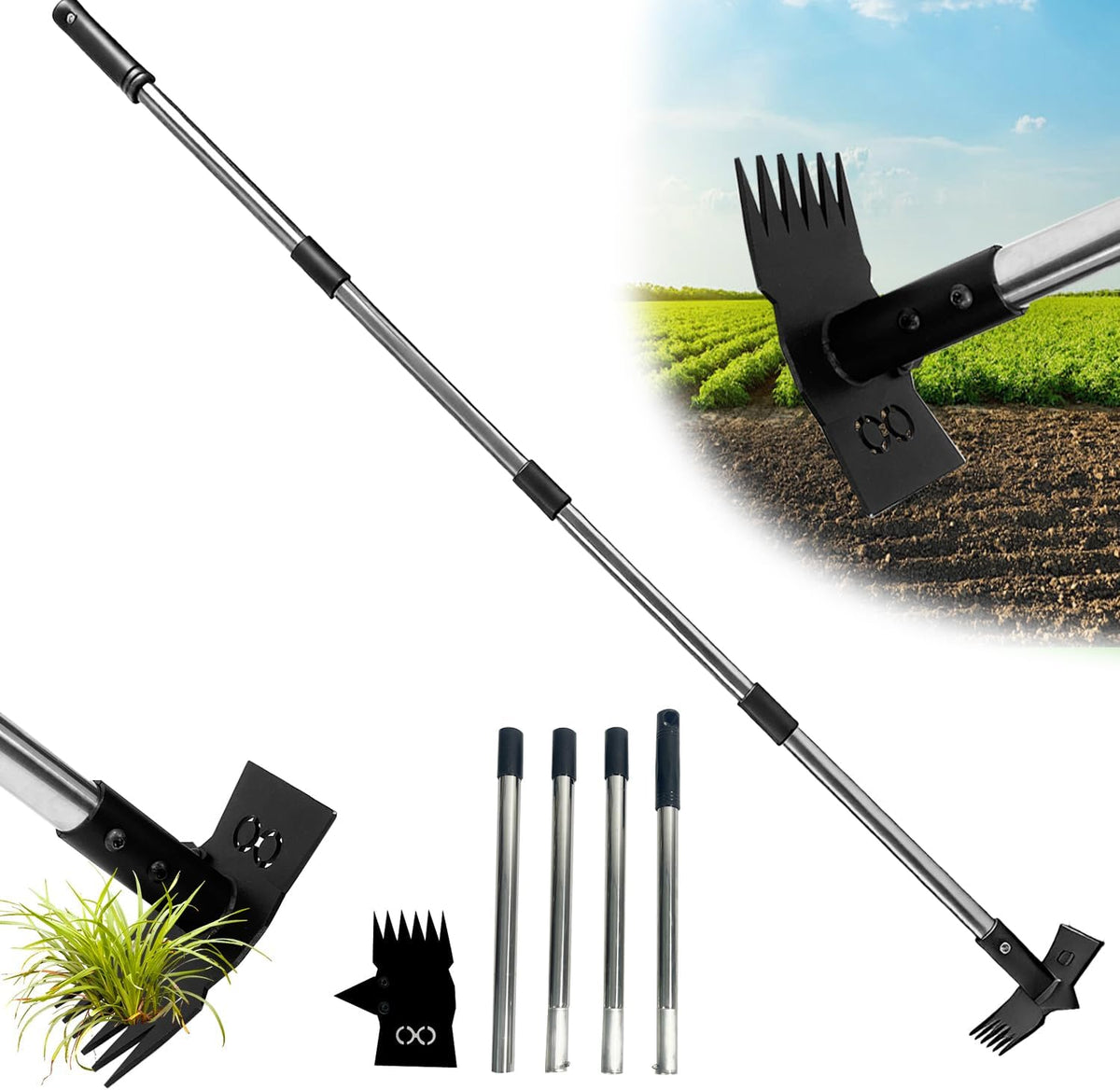Weed Puller Tool with Long Handle 3 in 1 Manual Garden Hoe Heavy Duty Weeder Remover Tool for Yard, Lawn, Patio and Garden