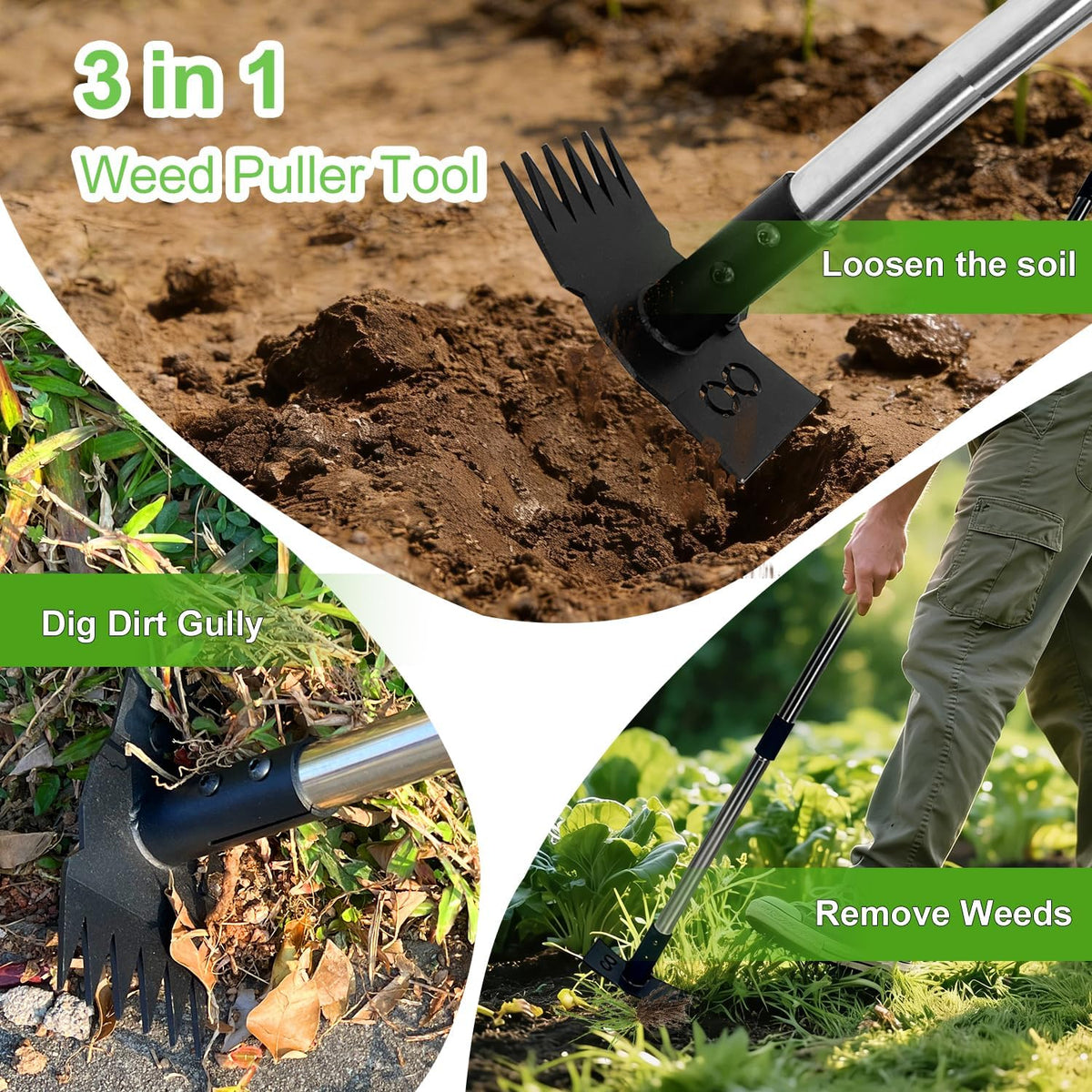 Weed Puller Tool with Long Handle 3 in 1 Manual Garden Hoe Heavy Duty Weeder Remover Tool for Yard, Lawn, Patio and Garden