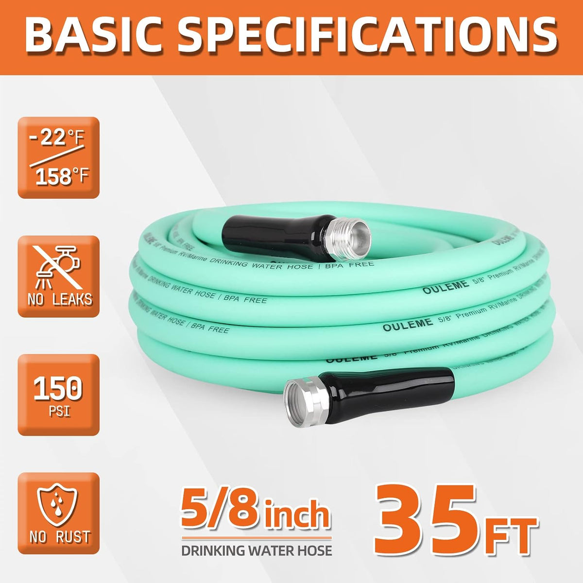 35FT RV Drinking Water Hose, 5/8'' Lead/BPA Free, Anti-Kink Flexible