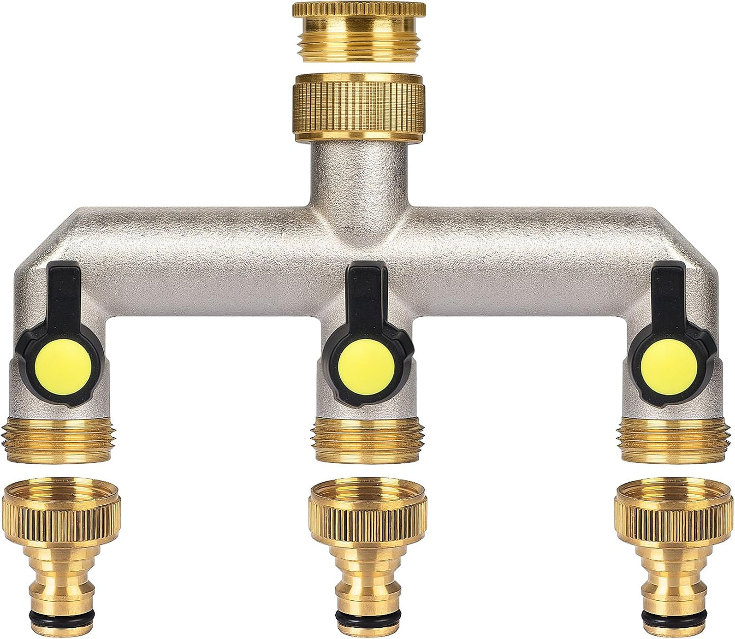 Garden Hose Splitter, 3/4" Water Hose Splitter 3 Way Heavy Duty with 3 Black Handle, Brass Nickel Plated Outdoor Faucet Splitter Water Spigot Splitter Manifold Rust and Freeze Resistant