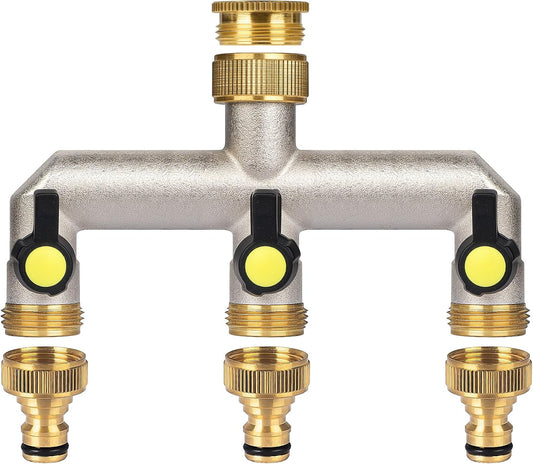 Garden Hose Splitter, 3/4" Water Hose Splitter 3 Way Heavy Duty with 3 Black Handle, Brass Nickel Plated Outdoor Faucet Splitter Water Spigot Splitter Manifold Rust and Freeze Resistant