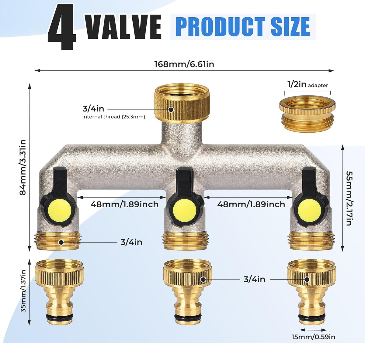 Garden Hose Splitter, 3/4" Water Hose Splitter 3 Way Heavy Duty with 3 Black Handle, Brass Nickel Plated Outdoor Faucet Splitter Water Spigot Splitter Manifold Rust and Freeze Resistant