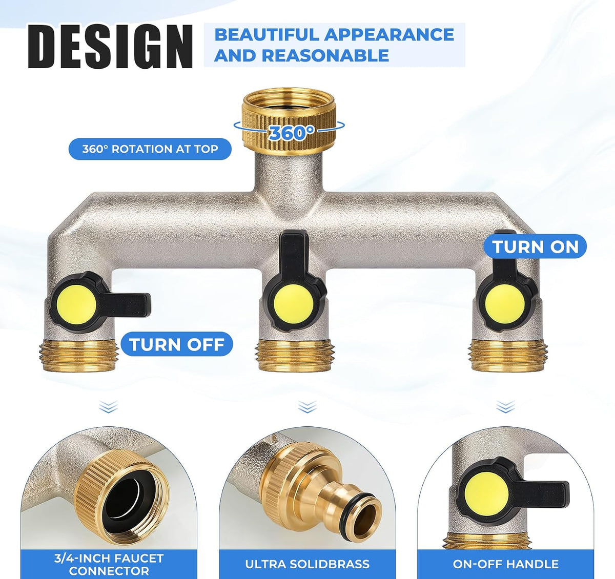 Garden Hose Splitter, 3/4" Water Hose Splitter 3 Way Heavy Duty with 3 Black Handle, Brass Nickel Plated Outdoor Faucet Splitter Water Spigot Splitter Manifold Rust and Freeze Resistant