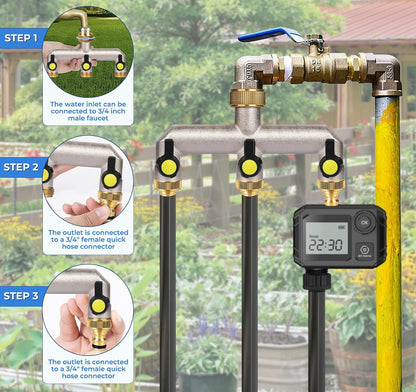 Garden Hose Splitter, 3/4" Water Hose Splitter 3 Way Heavy Duty with 3 Black Handle, Brass Nickel Plated Outdoor Faucet Splitter Water Spigot Splitter Manifold Rust and Freeze Resistant