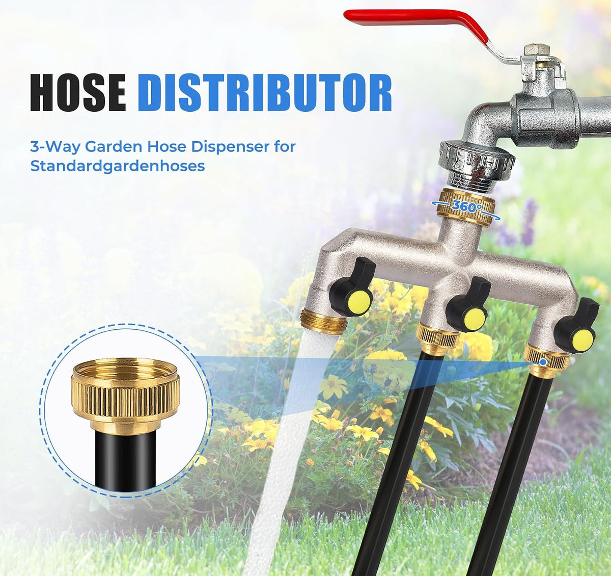Garden Hose Splitter, 3/4" Water Hose Splitter 3 Way Heavy Duty with 3 Black Handle, Brass Nickel Plated Outdoor Faucet Splitter Water Spigot Splitter Manifold Rust and Freeze Resistant
