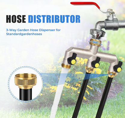 Garden Hose Splitter, 3/4" Water Hose Splitter 3 Way Heavy Duty with 3 Black Handle, Brass Nickel Plated Outdoor Faucet Splitter Water Spigot Splitter Manifold Rust and Freeze Resistant