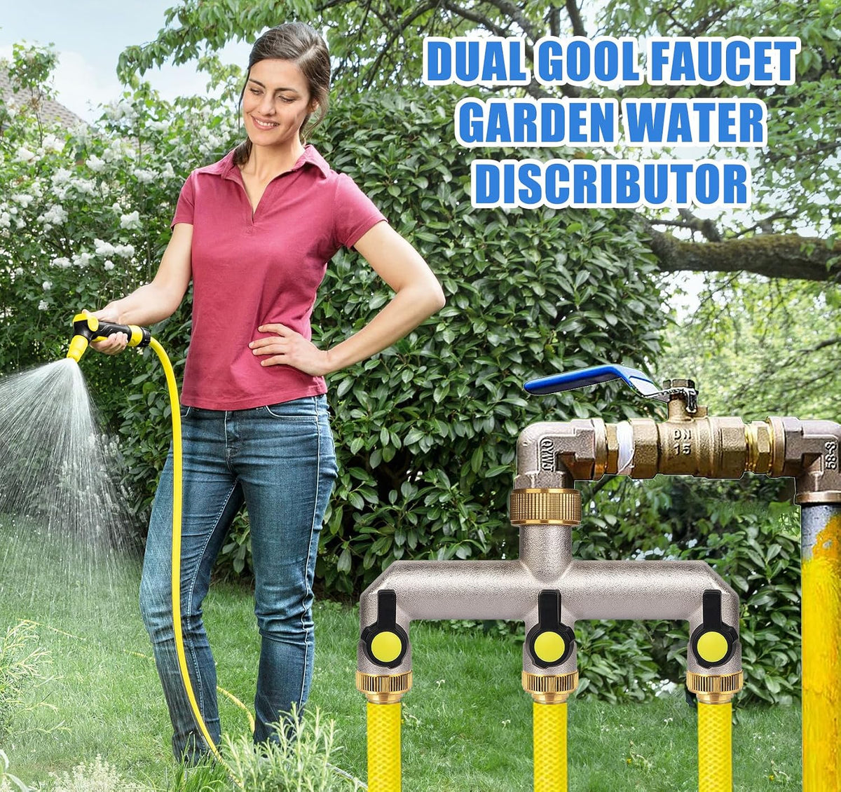 Garden Hose Splitter, 3/4" Water Hose Splitter 3 Way Heavy Duty with 3 Black Handle, Brass Nickel Plated Outdoor Faucet Splitter Water Spigot Splitter Manifold Rust and Freeze Resistant