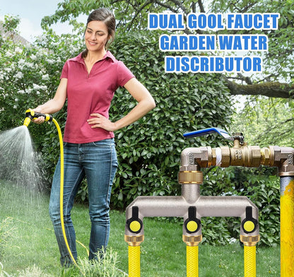 Garden Hose Splitter, 3/4" Water Hose Splitter 3 Way Heavy Duty with 3 Black Handle, Brass Nickel Plated Outdoor Faucet Splitter Water Spigot Splitter Manifold Rust and Freeze Resistant