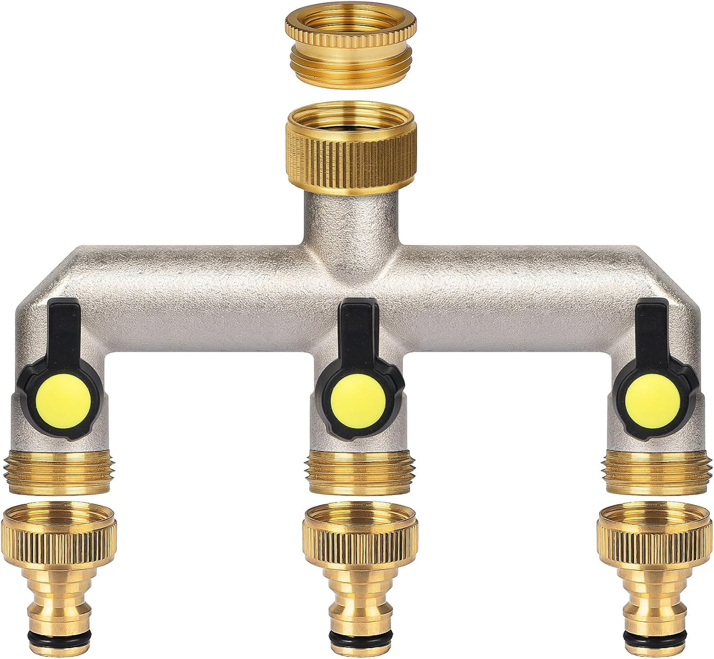 Garden Hose Splitter, 3/4" Water Hose Splitter 3 Way Heavy Duty with 3 Black Handle, Brass Nickel Plated Outdoor Faucet Splitter Water Spigot Splitter Manifold Rust and Freeze Resistant