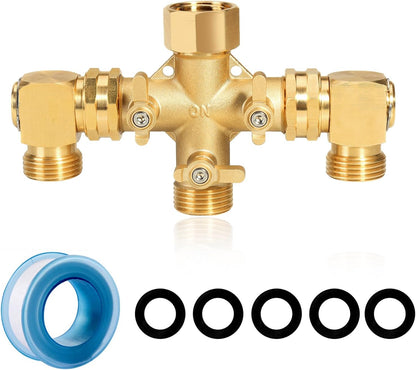 Garden Hose Splitter High Flow Splitter with Swivel elbow Connect Brass Hose Splitter with Shut Off Valves 3 way Hose Bib Adapter (with Swivel elbow)