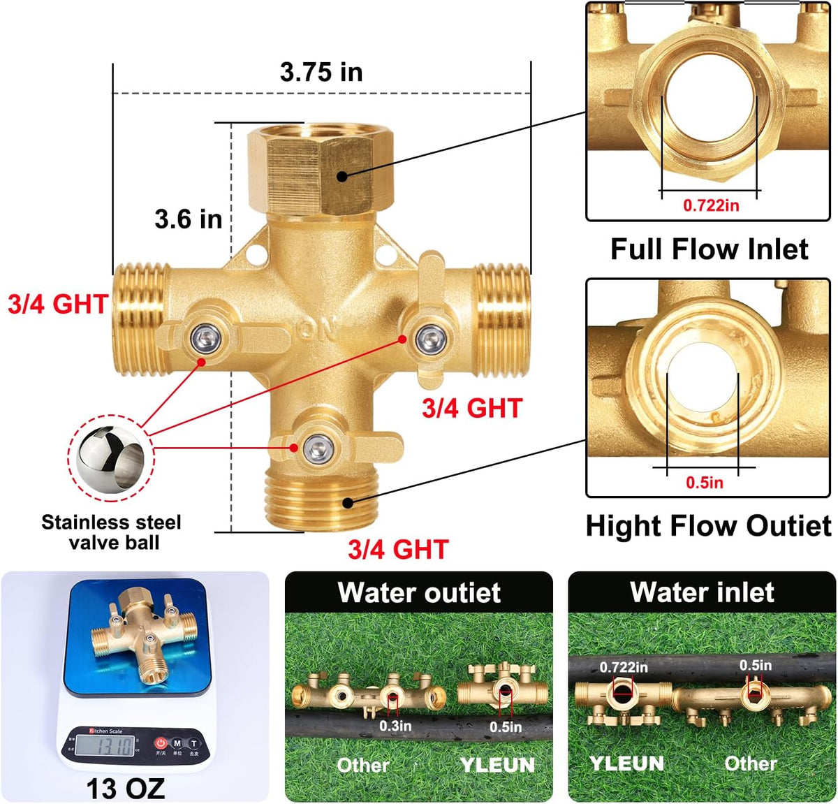 Garden Hose Splitter High Flow Splitter with Swivel elbow Connect Brass Hose Splitter with Shut Off Valves 3 way Hose Bib Adapter (with Swivel elbow)