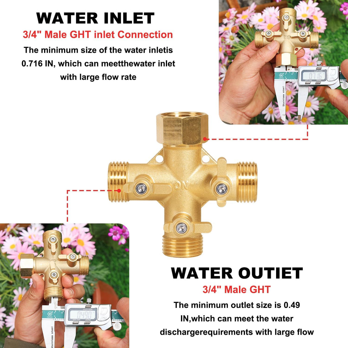 Garden Hose Splitter High Flow Splitter with Swivel elbow Connect Brass Hose Splitter with Shut Off Valves 3 way Hose Bib Adapter (with Swivel elbow)