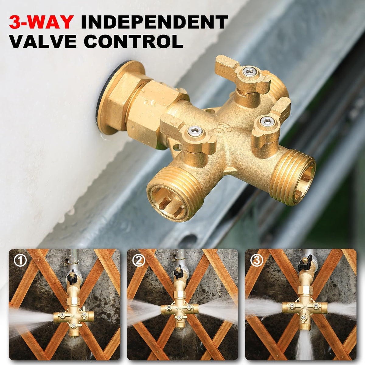 Garden Hose Splitter High Flow Splitter with Swivel elbow Connect Brass Hose Splitter with Shut Off Valves 3 way Hose Bib Adapter (with Swivel elbow)