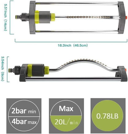 Lawn Sprinkler, Metal Oscillating Sprinkler with Brass Nozzles, Water Sprinkler for Lawn Covers up to 3,600 Ft, Includes Spray Jet Cleaning Needle, Grey