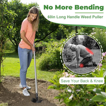2 in 1 Weed Puller Tool with 60" Long Handle for Yard, Lawn, Patio, Garden