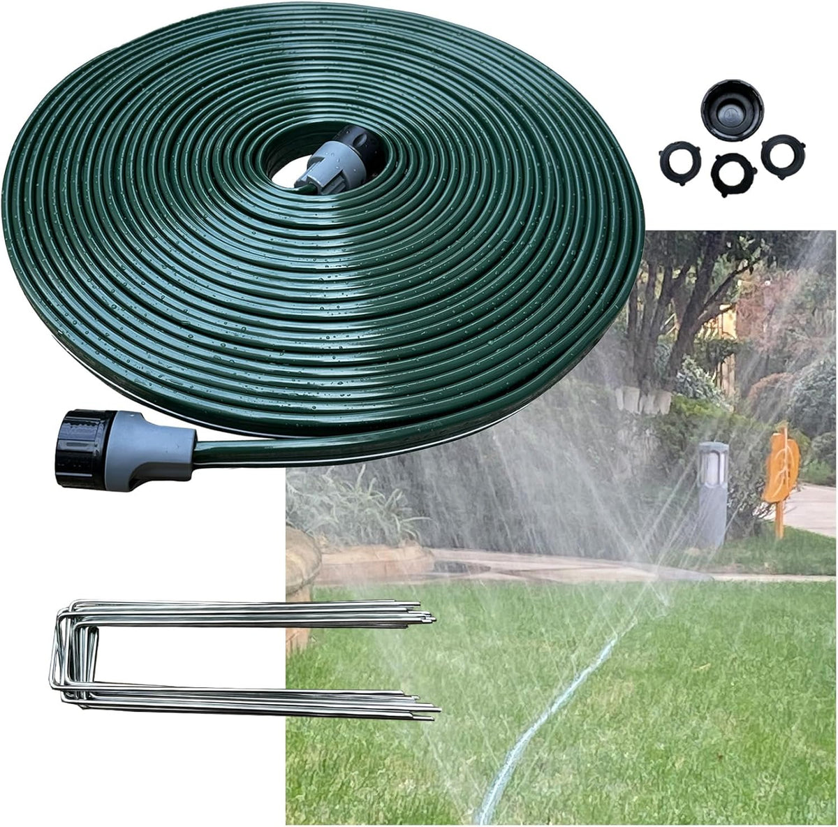 2026 Sprinkler Hose & Soaker Hose for Yard - 100 FT Reinforced Flat Garden Hose with Holes, Heavy Duty No-Kink Lawn Irrigation Hose (Includes Stakes, High Pressure Spray)