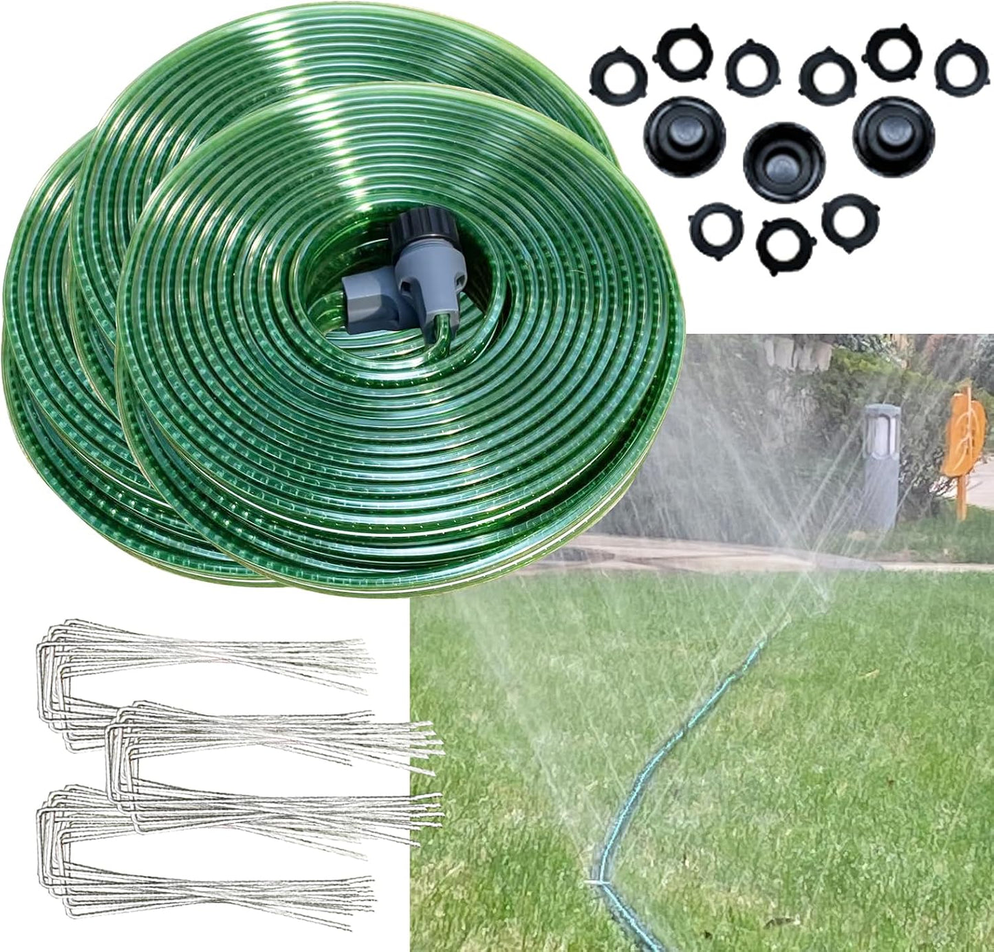 2026 Sprinkler Hose & Soaker Hose for Yard - 100 FT Reinforced Flat Garden Hose with Holes, Heavy Duty No-Kink Lawn Irrigation Hose (Includes Stakes, High Pressure Spray)
