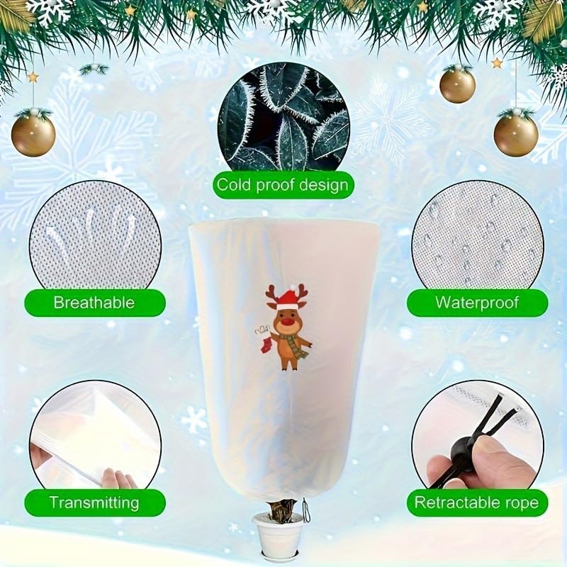 Christmas-Patterned plant covers freeze protection 4 pack for winter with Drawstring, Size 24x32 inches, 2.5 oz Frost-Resistant Fabric frost blankets for outdoor plants