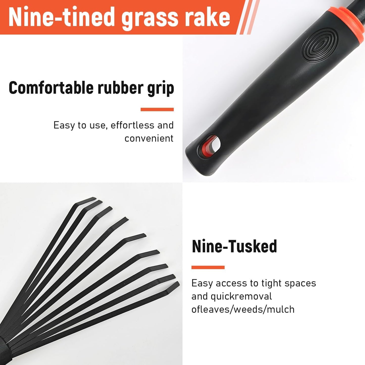 Small Hand Rake, Stainless Head and Tines, Gardening Hand Tool with Ergonomic Handle and Hanging Hole for Storage for Maintaining Raised Garden Beds