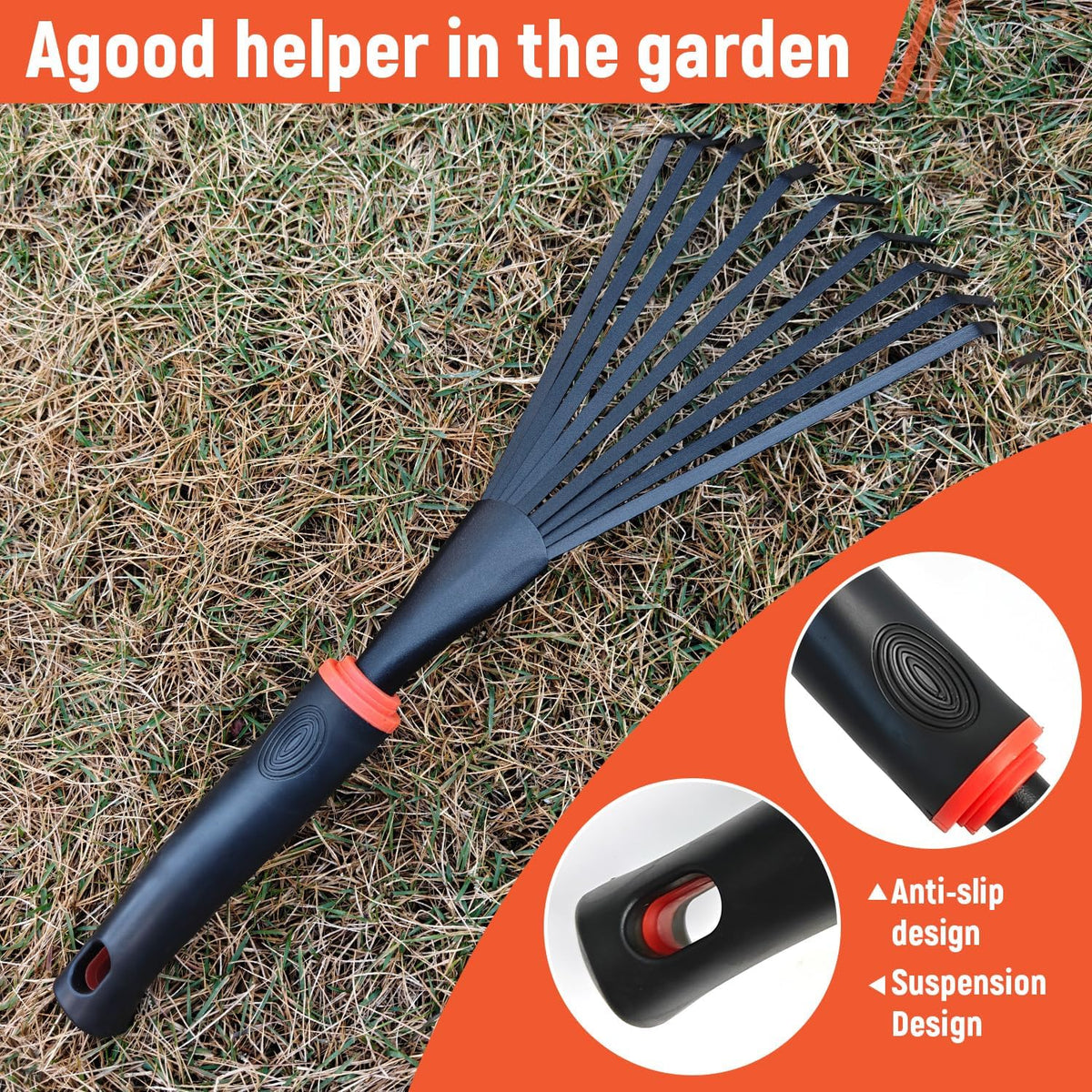 Small Hand Rake, Stainless Head and Tines, Gardening Hand Tool with Ergonomic Handle and Hanging Hole for Storage for Maintaining Raised Garden Beds