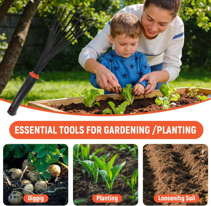 Small Hand Rake, Stainless Head and Tines, Gardening Hand Tool with Ergonomic Handle and Hanging Hole for Storage for Maintaining Raised Garden Beds