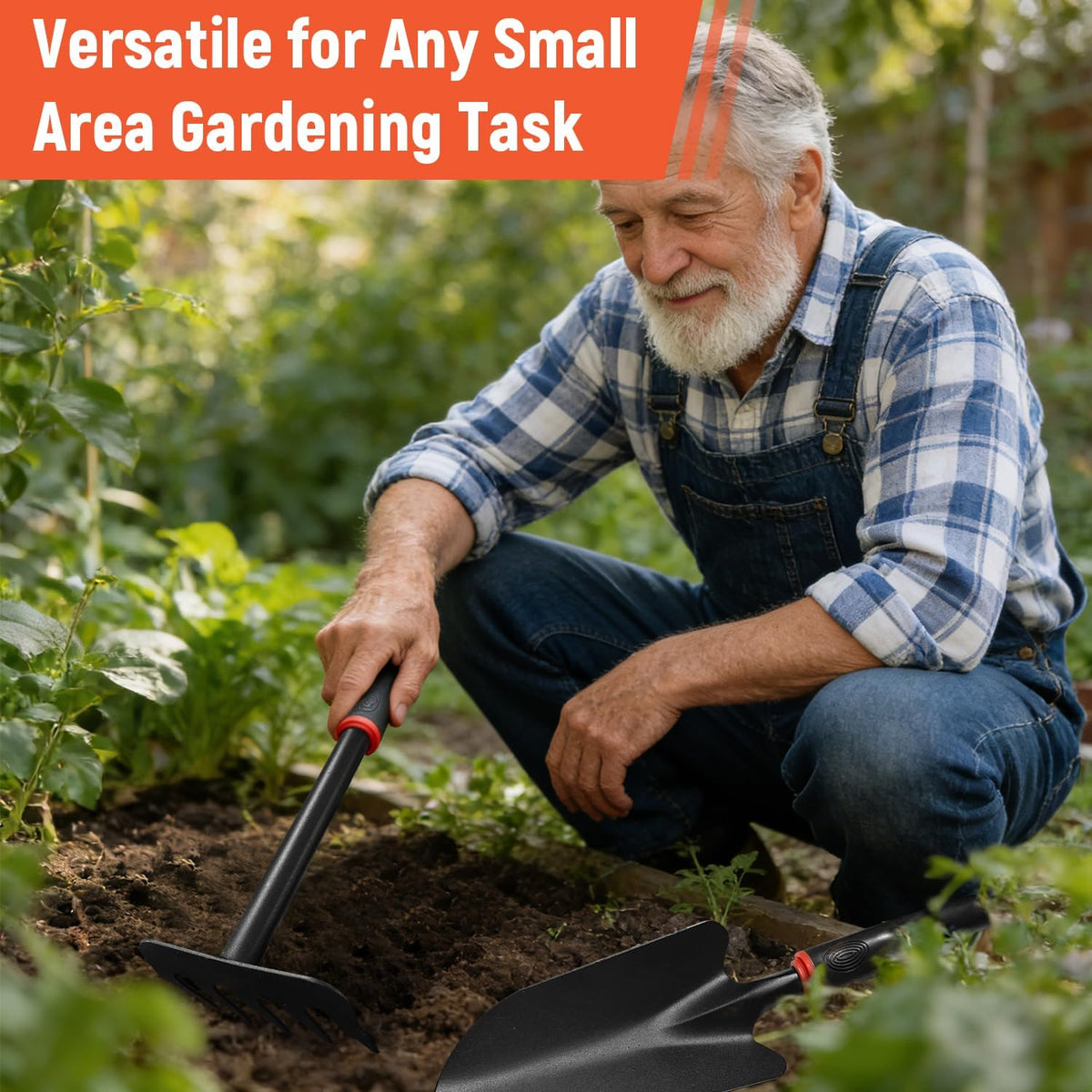 Small Hand Rake, Stainless Head and Tines, Gardening Hand Tool with Ergonomic Handle and Hanging Hole for Storage for Maintaining Raised Garden Beds