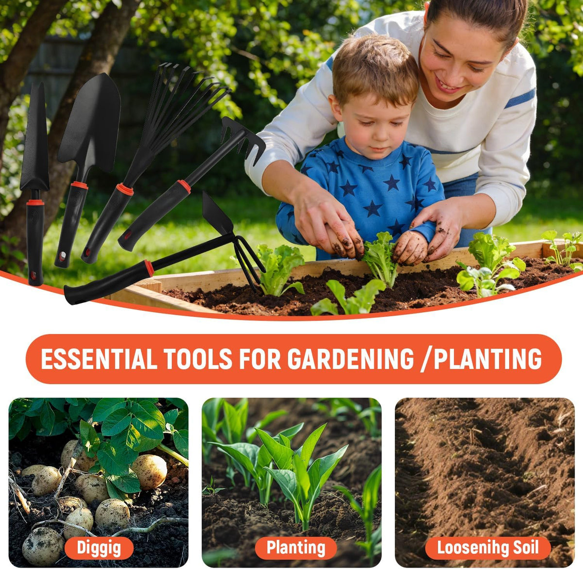 Small Hand Rake, Stainless Head and Tines, Gardening Hand Tool with Ergonomic Handle and Hanging Hole for Storage for Maintaining Raised Garden Beds