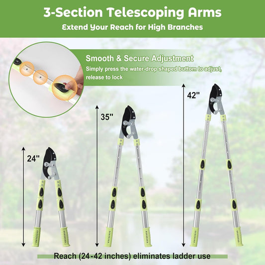 Extendable Loopers for Tree Trimming, 24-42'' Heavy Duty Thick Branches Cutter Lopping Shears with SK5 Steel Blade, Pruning Shear with 1.8” Cut Capacity, Loppers with Compound Action for Gardening