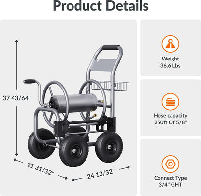 Heavy Duty Garden Hose Reel Cart with Wheels - Industrial Outdoor Hose Storage Reel, Pre-Installed Guide for 250-Feet of 5/8" Hose Capacity