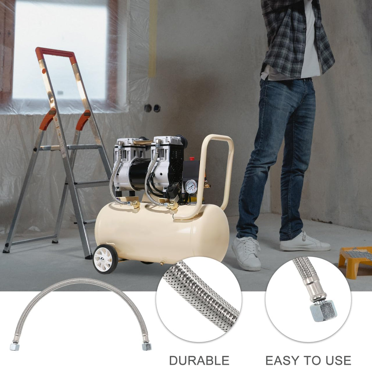 Air Compressor Leader Hose 21.65in Steel Braided Air Hose with One-Way Valve 0.78in Diameter Flexible Replacement for Pneumatic Tools and Compressor Accessories