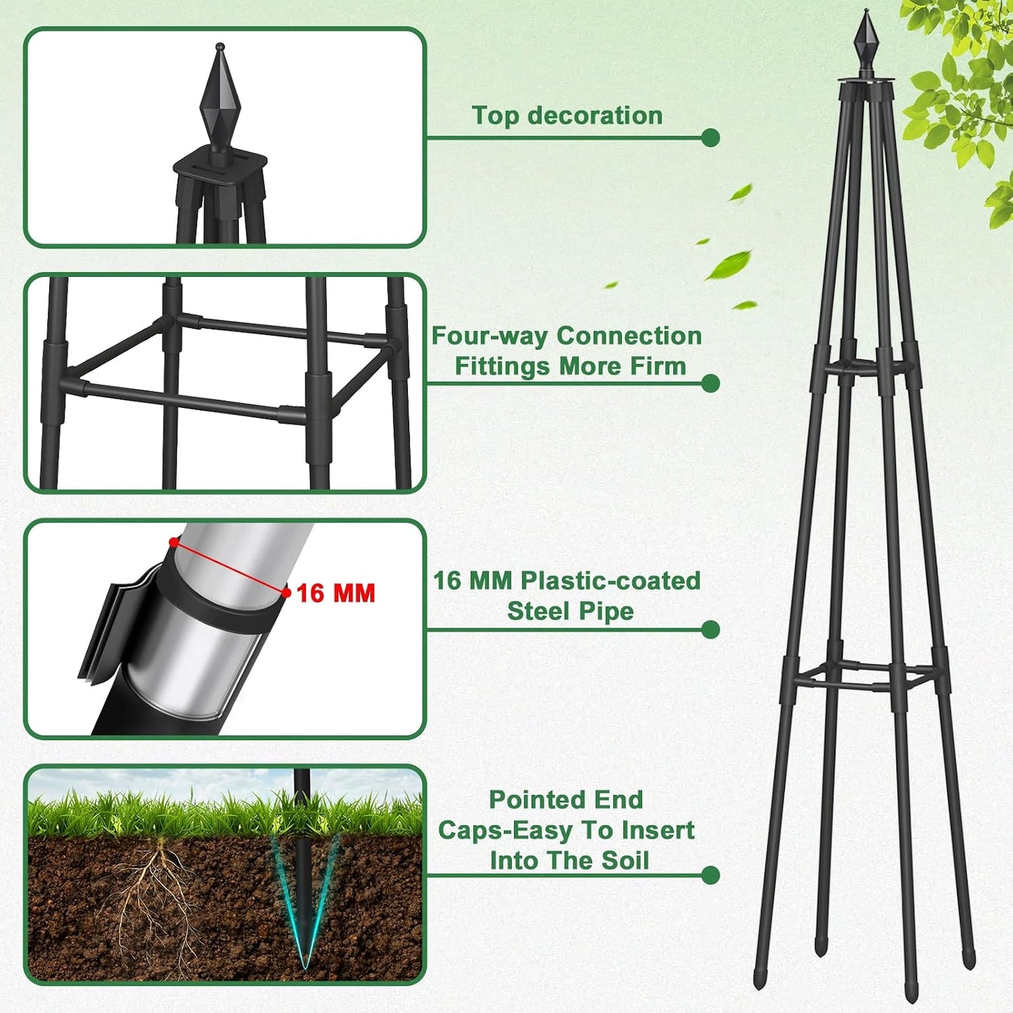 Obelisk Trellis for Climbing Plants, 6 FT Garden Trellises with 16mm Thickened Plastic-Coated Metal Pipes, Trellis for Climbing Potted Plant Vine Flower Rose Vegetable Tomato Cucumber Outdoor Indoor