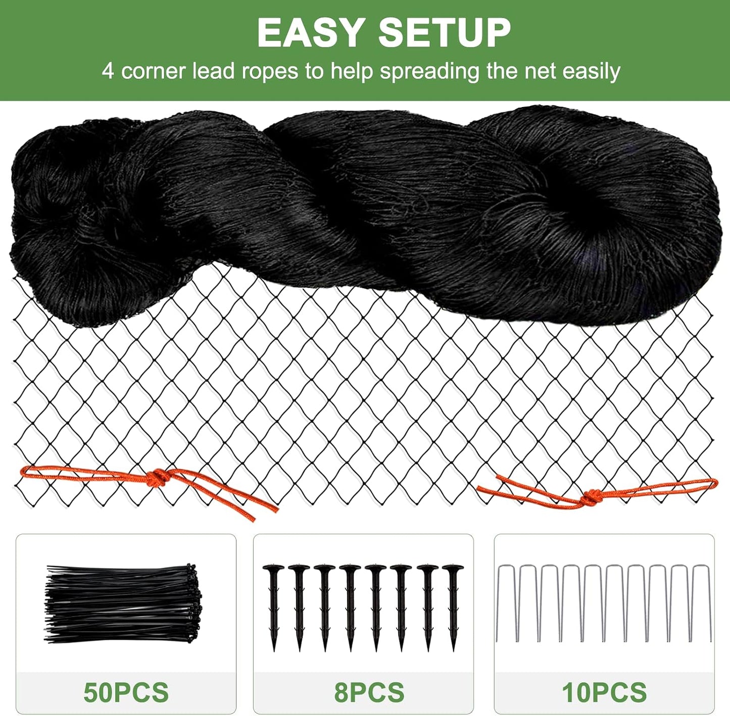 Bird Netting 25'x50'with 3/4" Square Mesh, Heavy Duty Nylon Garden Netting