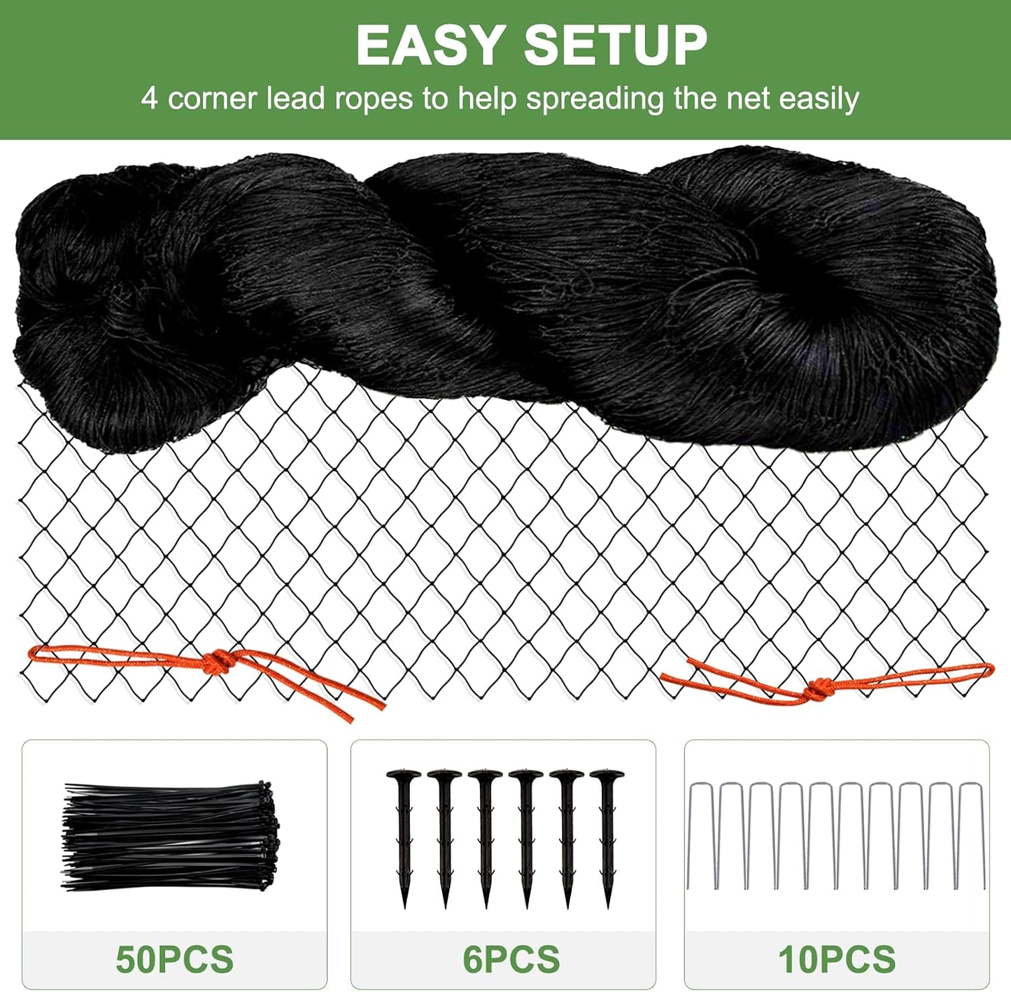 Bird Netting 25'x50'with 3/4" Square Mesh, Heavy Duty Nylon Garden Netting