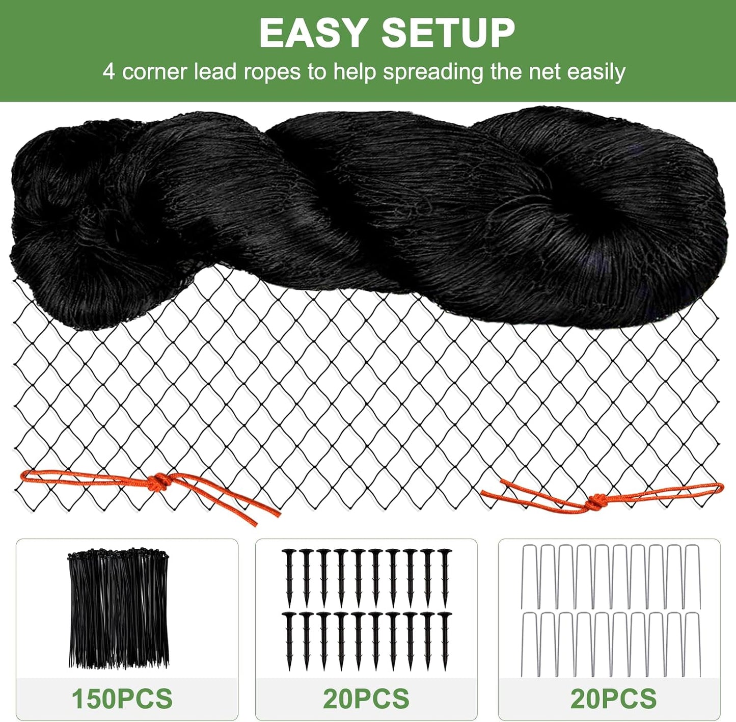 Bird Netting 25'x50'with 3/4" Square Mesh, Heavy Duty Nylon Garden Netting