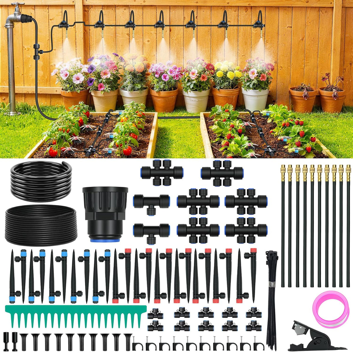 230FT Drip Irrigation Kit with 34 Emitters, 3 Spray Types, Watering System