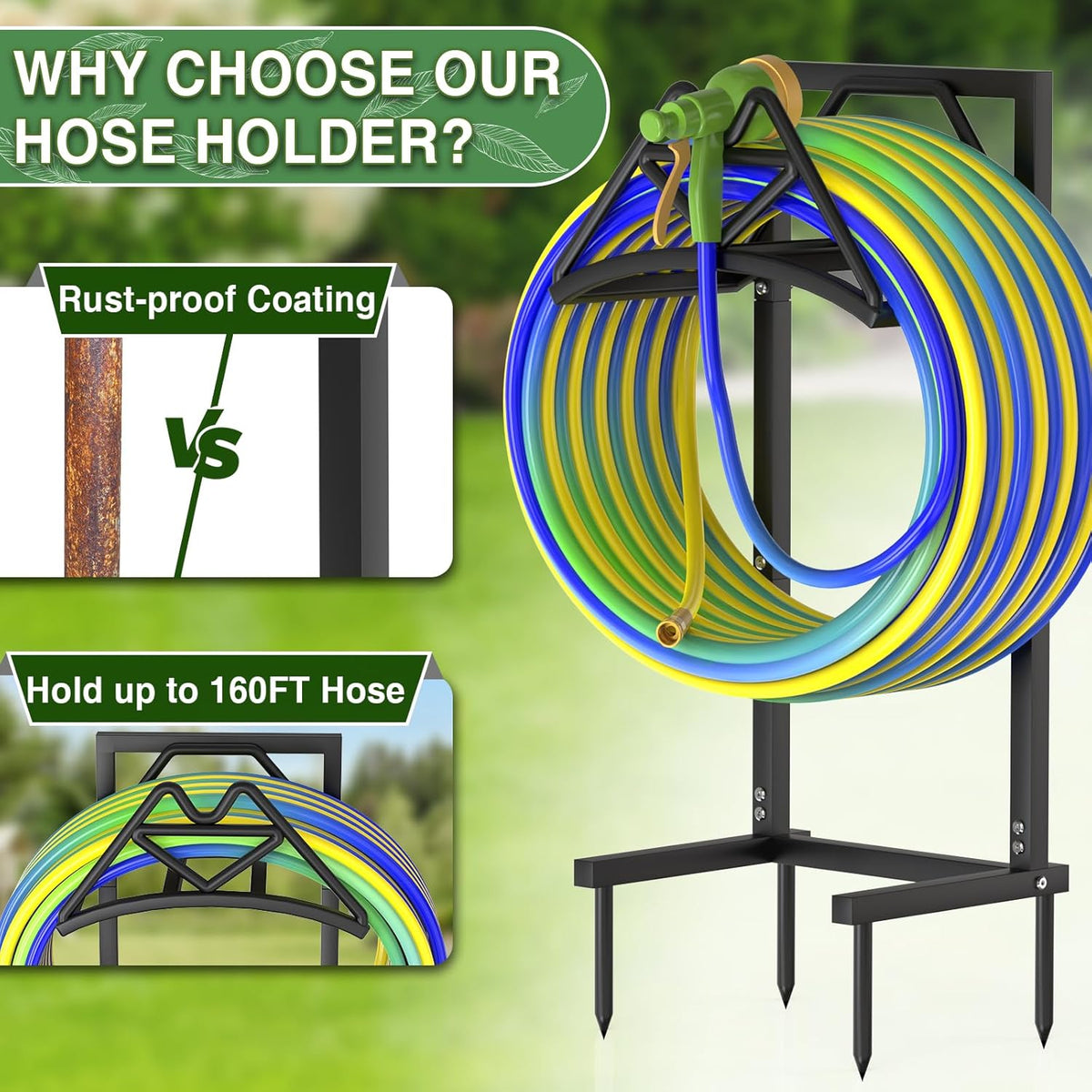 Garden Hose Holder Holds 160ft, Detachable Water Hose Storage Black