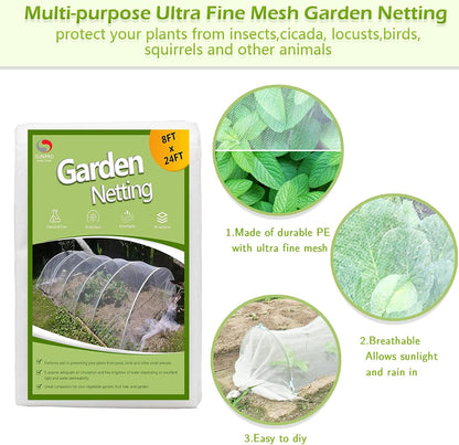 8x24ft Garden Netting Pest Barrier, 0.8mm Ultra Fine Mesh Plant Cover for Vegetables Fruits Flowers, Durable Mesh Screen for Raised Garden Beds, Row Cover, Shield for Cicadas, Birds, & Wildlife