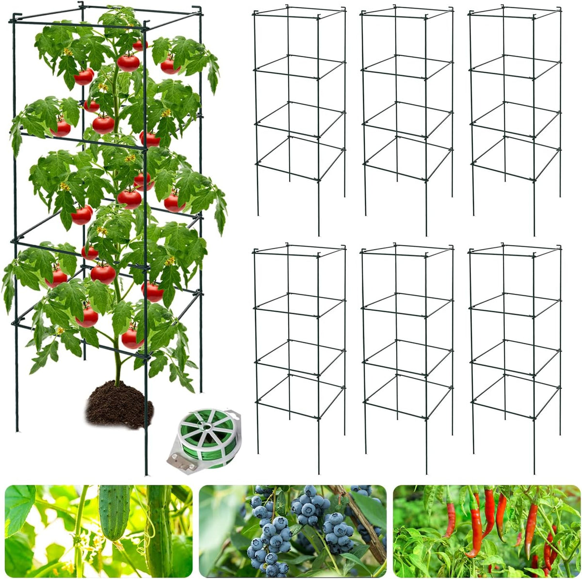 6 Packs Tomato Cages for Garden, 12"×12"×48" Plant Support Cage with Different Spacing, Green Metal Trellis for Climbing Plants Like Cucumber, Flowers