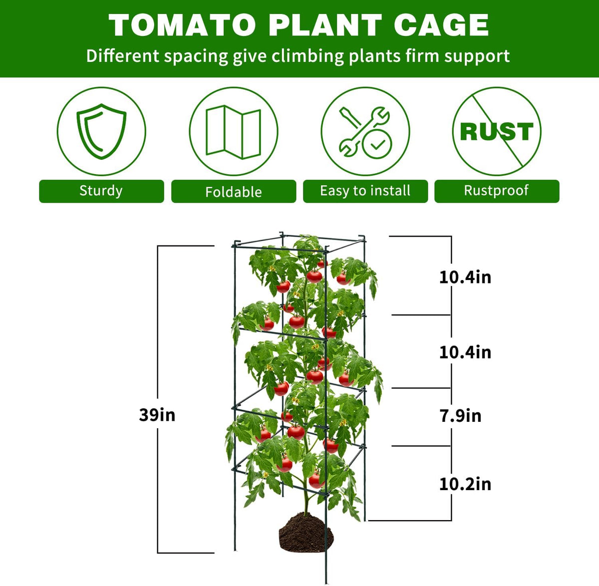 6 Packs Tomato Cages for Garden, 12"×12"×48" Plant Support Cage with Different Spacing, Green Metal Trellis for Climbing Plants Like Cucumber, Flowers