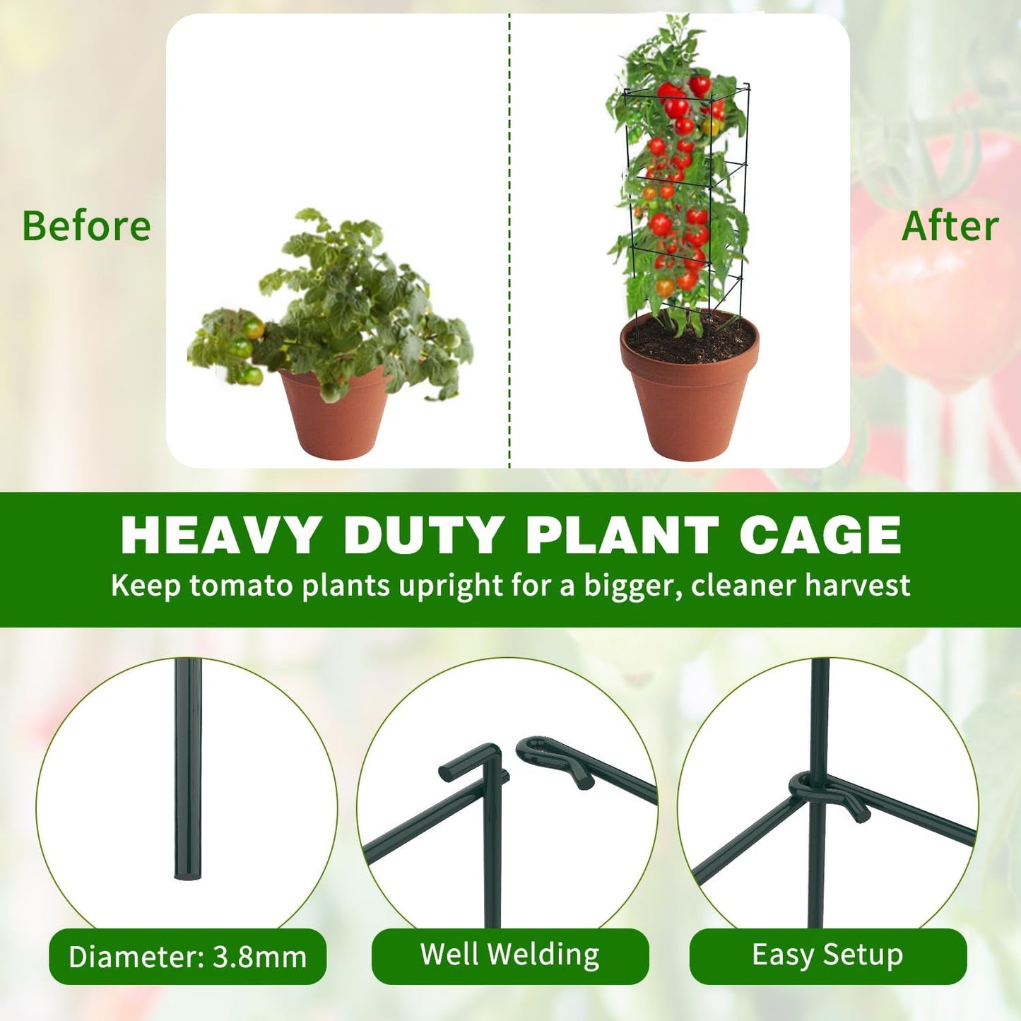 6 Packs Tomato Cages for Garden, 12"×12"×48" Plant Support Cage with Different Spacing, Green Metal Trellis for Climbing Plants Like Cucumber, Flowers