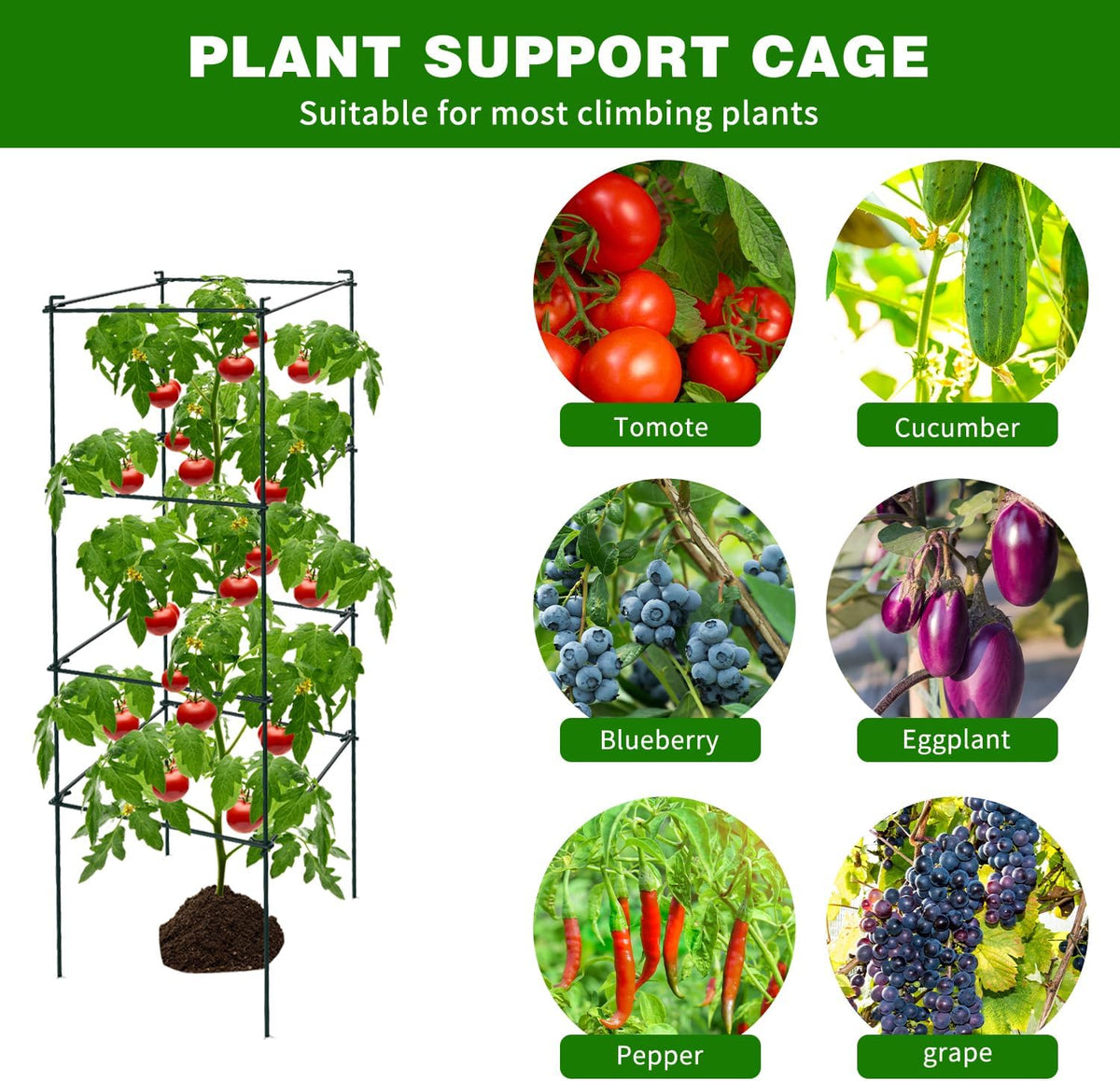 6 Packs Tomato Cages for Garden, 12"×12"×48" Plant Support Cage with Different Spacing, Green Metal Trellis for Climbing Plants Like Cucumber, Flowers