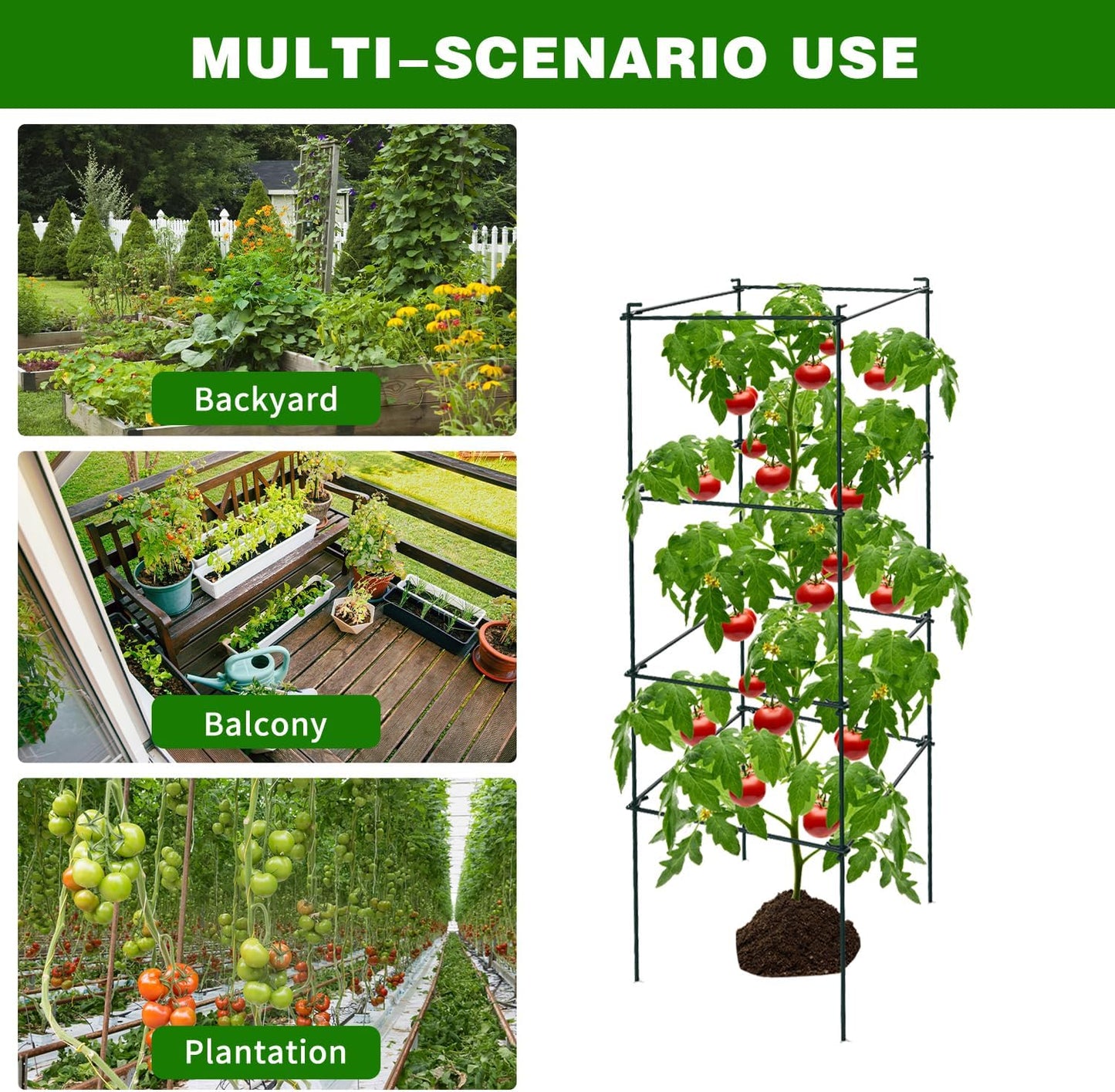 6 Packs Tomato Cages for Garden, 12"×12"×48" Plant Support Cage with Different Spacing, Green Metal Trellis for Climbing Plants Like Cucumber, Flowers
