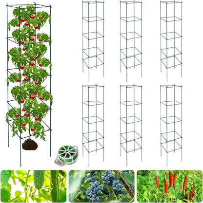 6 Packs Tomato Cages for Garden, 12"×12"×48" Plant Support Cage with Different Spacing, Green Metal Trellis for Climbing Plants Like Cucumber, Flowers