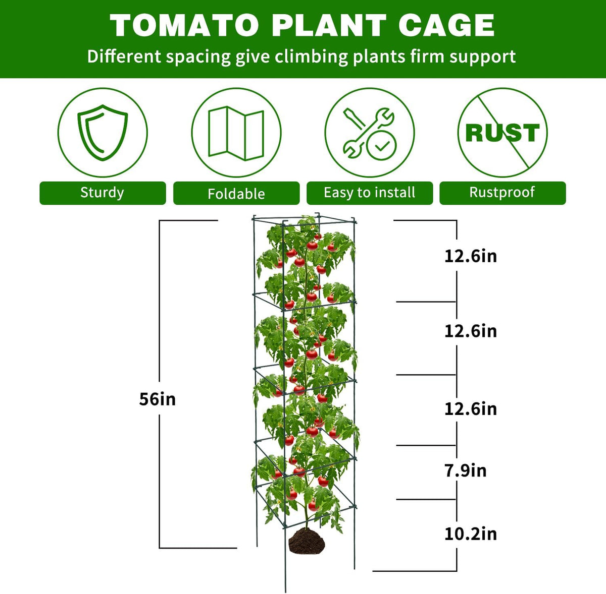 6 Packs Tomato Cages for Garden, 12"×12"×48" Plant Support Cage with Different Spacing, Green Metal Trellis for Climbing Plants Like Cucumber, Flowers