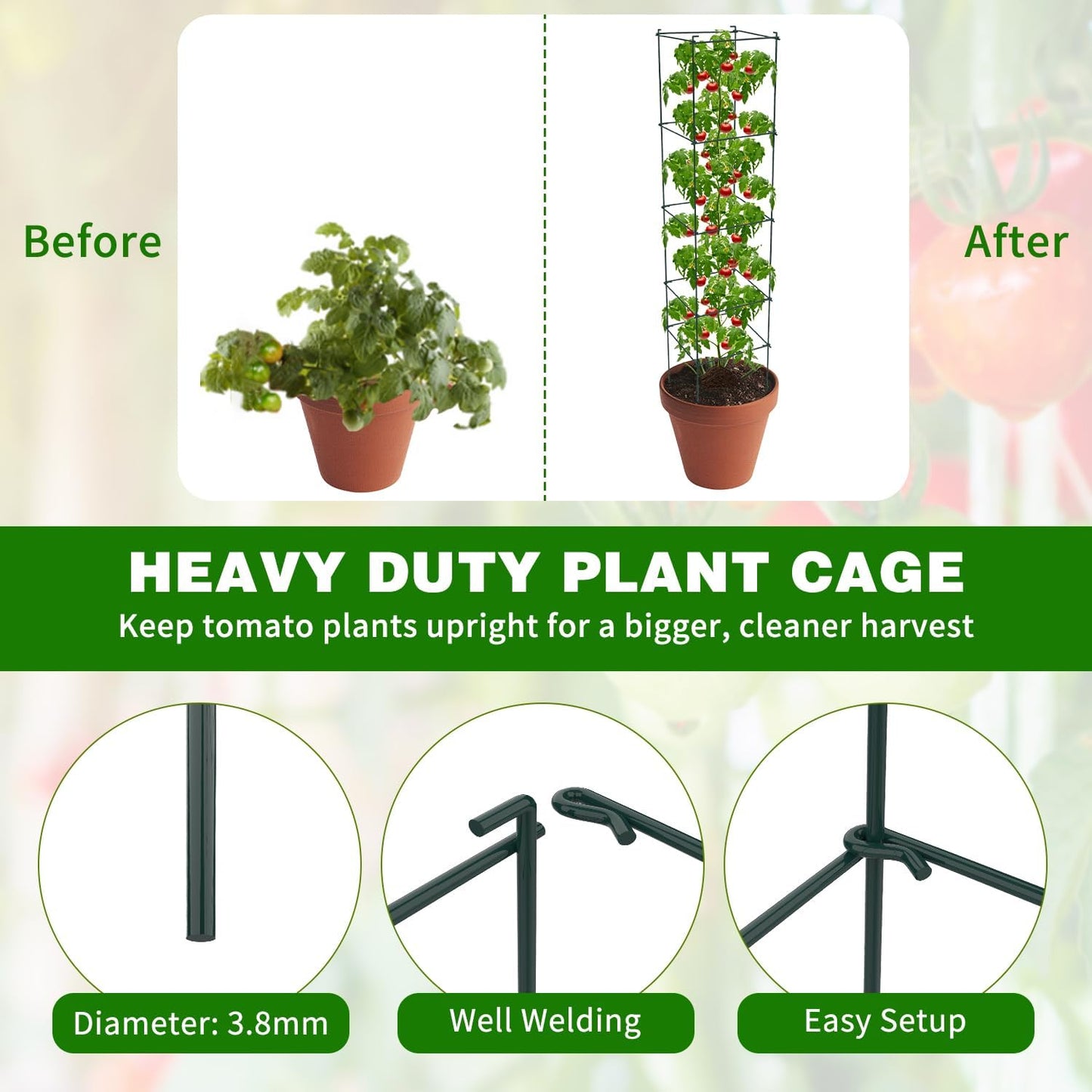 6 Packs Tomato Cages for Garden, 12"×12"×48" Plant Support Cage with Different Spacing, Green Metal Trellis for Climbing Plants Like Cucumber, Flowers