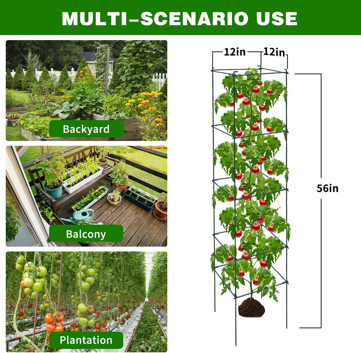 6 Packs Tomato Cages for Garden, 12"×12"×48" Plant Support Cage with Different Spacing, Green Metal Trellis for Climbing Plants Like Cucumber, Flowers