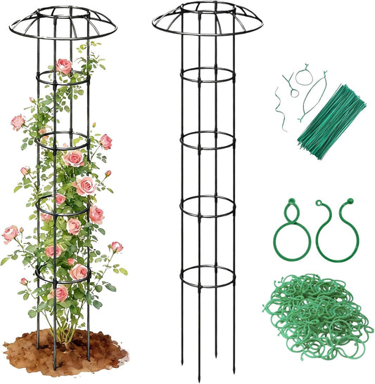 Garden Trellis for Climbing Plants Outdoor - Unique Umbrella Top Round Trellis for Indoor Potted Plant - 64" Tall Rustproof PE Coated Metal Pipe Obelisk Support Ivy Vine Rose Grape Vegetable