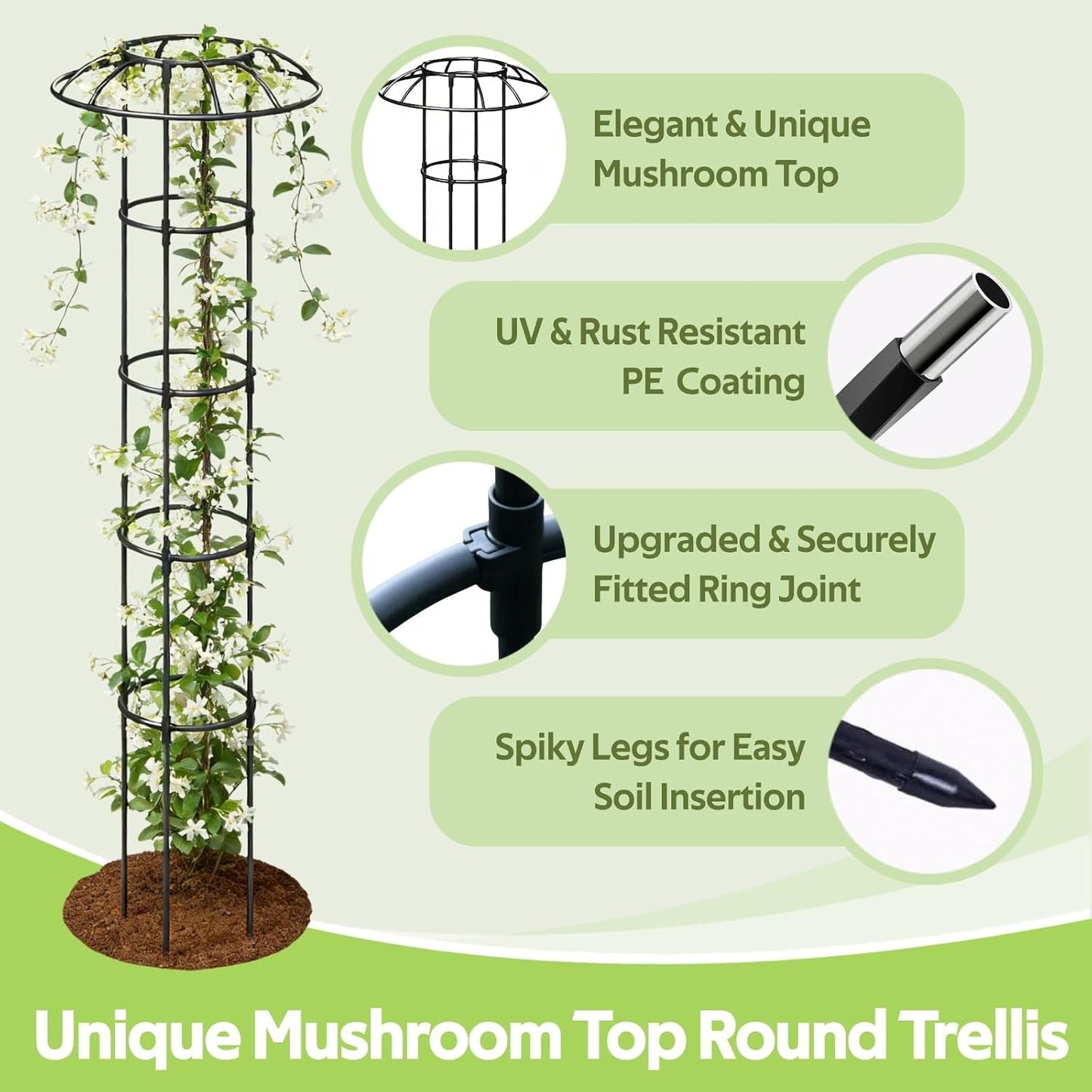 Garden Trellis for Climbing Plants Outdoor - Unique Umbrella Top Round Trellis for Indoor Potted Plant - 64" Tall Rustproof PE Coated Metal Pipe Obelisk Support Ivy Vine Rose Grape Vegetable