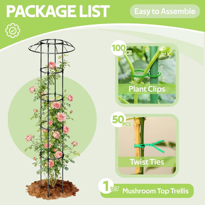 Garden Trellis for Climbing Plants Outdoor - Unique Umbrella Top Round Trellis for Indoor Potted Plant - 64" Tall Rustproof PE Coated Metal Pipe Obelisk Support Ivy Vine Rose Grape Vegetable